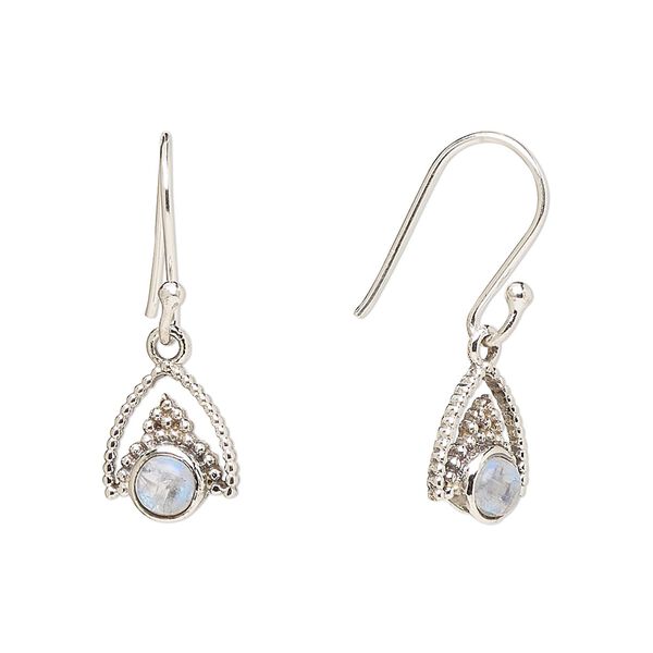 Earring, Create Compliments®, antiqued sterling silver and rainbow moonstone (natural), fishhook, 24.5mm with 11x9mm single-sided beaded arrowhead, 21 gauge. Sold per pair. image number 0