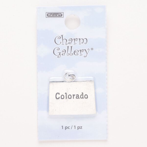 Charm, steel and enamel, pkg/1, silver finish and black, 24x18mm with "Colorado." image number 0