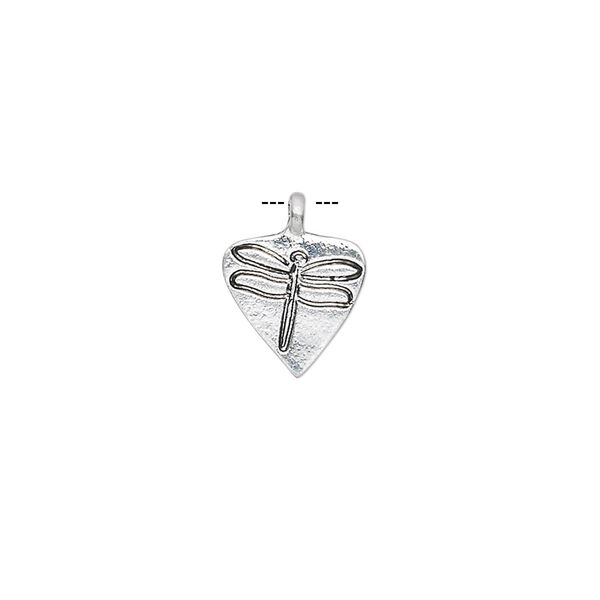 Drop, antique silver-plated "pewter" (zinc-based alloy), 10x10x10mm single-sided triangle with engraved dragonfly. Sold per pkg of 20. image number 0