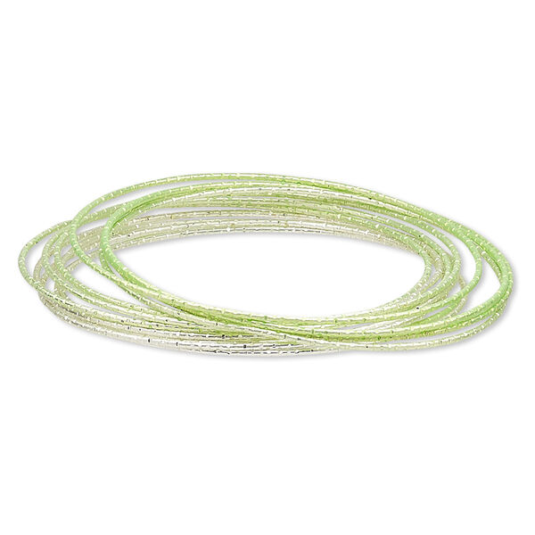 Bracelet, bangle, steel, light lime green / lime green / dark lime green, 1mm wide, 8-1/2 inches. Sold per 12-piece set. image number 0