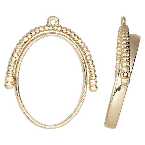 Focal, gold-finished "pewter" (zinc-based alloy), 34x30mm open oval with rotating center and beaded top. Sold per pkg of 2. image number 0
