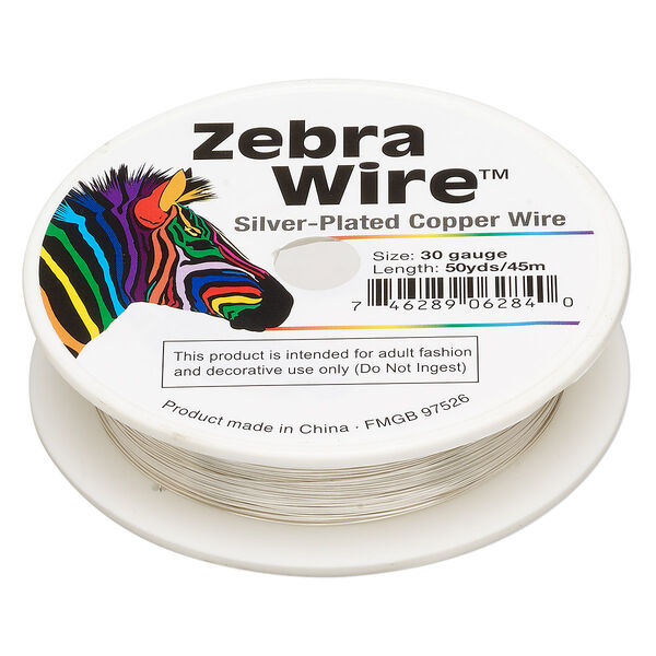 Wire, Zebra Wire™, silver-plated copper, round, 30 gauge. Sold per 50-yard spool. image number 0
