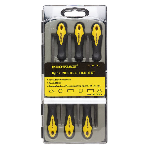Needle files, Protian®, tempered high carbon steel and PVC plastic, black and yellow, 6 inches with 1-5mm wide tip and 8x3-1/2 inch case. Sold per 6-piece set. image number 0