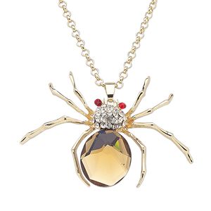 Necklace, glass rhinestone / glass / gold-finished steel / "pewter" (zinc-based alloy), brown / clear / red, 2-3/4 x 2-inch spider, 29 inches with 3-inch extender chain and lobster claw clasp. Sold individually.