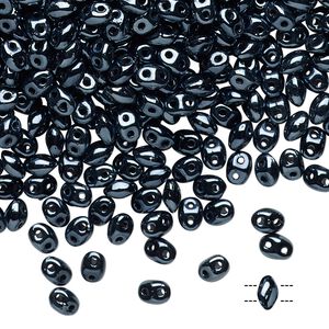 Bead, Preciosa Twin™, Pressed Twin, Czech pressed glass, opaque shiny black, 5x2.5mm oval with (2) 0.7-0.8mm holes. Sold per 250-gram pkg.