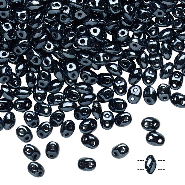 Bead, Preciosa Twin™, Pressed Twin, Czech pressed glass, opaque shiny black, 5x2.5mm oval with (2) 0.7-0.8mm holes. Sold per 250-gram pkg. image number 0
