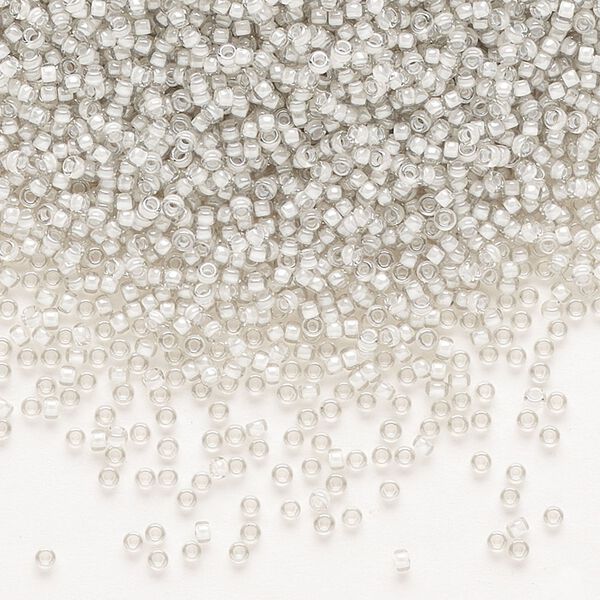 Seed bead, Miyuki, glass, pkg/250g, #15 rocaille, translucent moonstone-lined luster crystal clear (RR-2268). image number 0