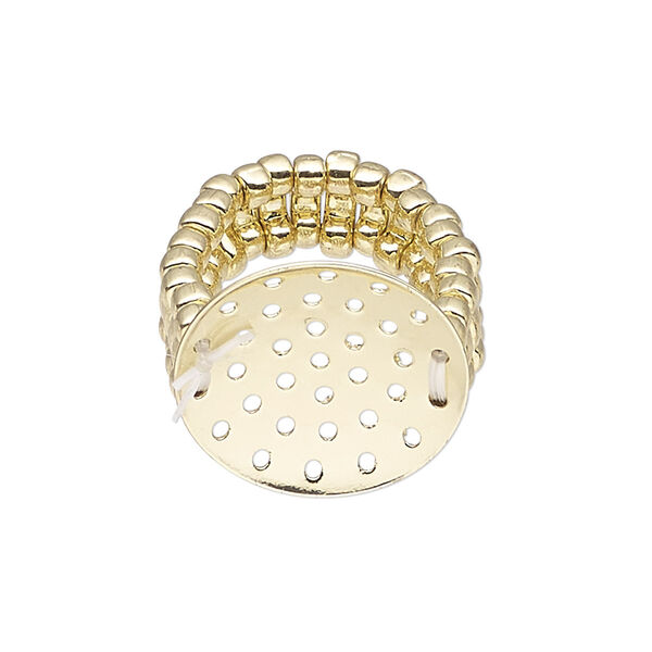 Ring, stretch, gold-finished brass and "pewter" (zinc-based alloy), 8mm wide with 20mm perforated disk, size 6-1/2 to 8. Sold individually. image number 0