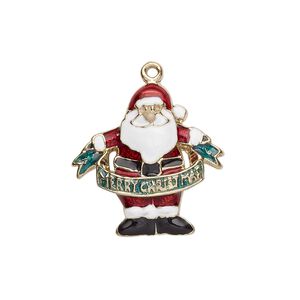 Charm, gold-finished "pewter" (zinc-based alloy) and enamel, multicolored, 23x22mm single-sided Santa Claus with "Merry Christmas" banner. Sold per pkg of 2.