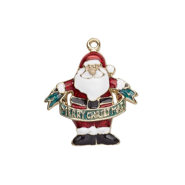 Charm, gold-finished "pewter" (zinc-based alloy) and enamel, multicolored, 23x22mm single-sided Santa Claus with "Merry Christmas" banner. Sold per pkg of 2. image number 0