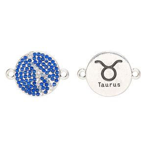 Link, "pewter" (zinc-based alloy)/enamel/cubic zirconia, pkg/1, antique silver finish and mixed colors, 20mm round 2-sided with "Taurus" and zodiac symbol.