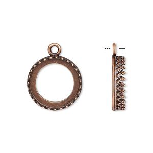 Drop, JBB Findings, antique copper-plated brass, 16mm round with open back and decorative trim, 14mm round bezel setting. Sold per pkg of 2.