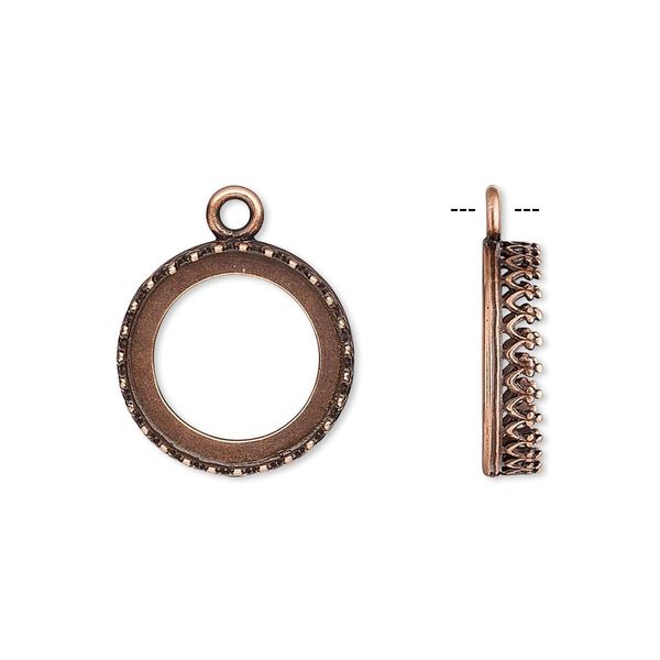 Drop, JBB Findings, antique copper-plated brass, 16mm round with open back and decorative trim, 14mm round bezel setting. Sold per pkg of 2. image number 0