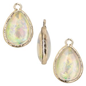 Drop, Opalized Ice™, "opal" (resin) and gold-finished brass, white, 19.5x15mm double-sided teardrop. Sold per pkg of 4.