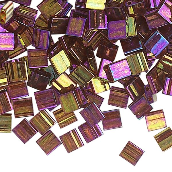 Seed bead, TILA®, glass, pkg/10g, 5mm full tila square, translucent rainbow gold luster dark topaz, (TL-301). image number 0
