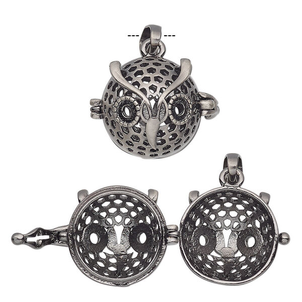 Drop, antique silver-finished "pewter" (zinc-based alloy), 18x17mm round bead cage with owl design and safety latch, (2) SS16 flat back settings, fits up to 14mm bead. Sold individually. image number 0