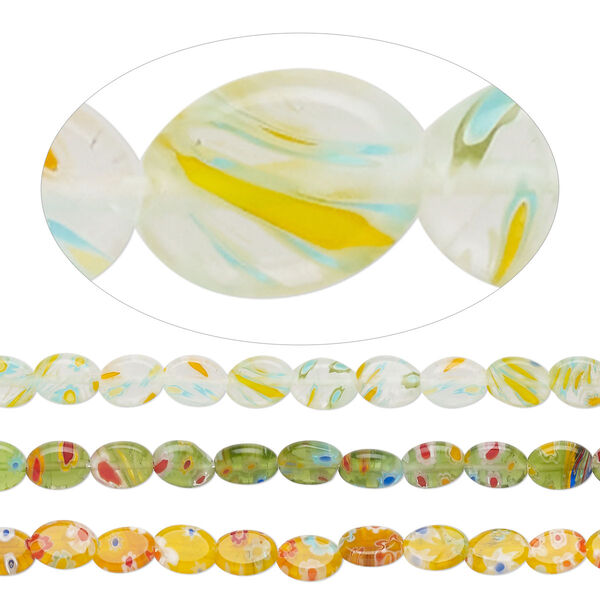 Bead mix, millefiori glass, translucent white / green / yellow and multicolored, 8x6mm puffed oval with flower design. Sold per pkg of (3) 14-inch strands, approximately 155 beads. image number 0