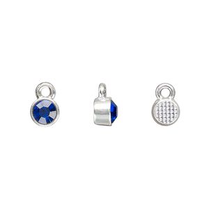 Drop, silver-finished "pewter" (zinc-based alloy) and glass rhinestone, sapphire blue, 6mm faceted round, September birthstone. Sold per pkg of 10.
