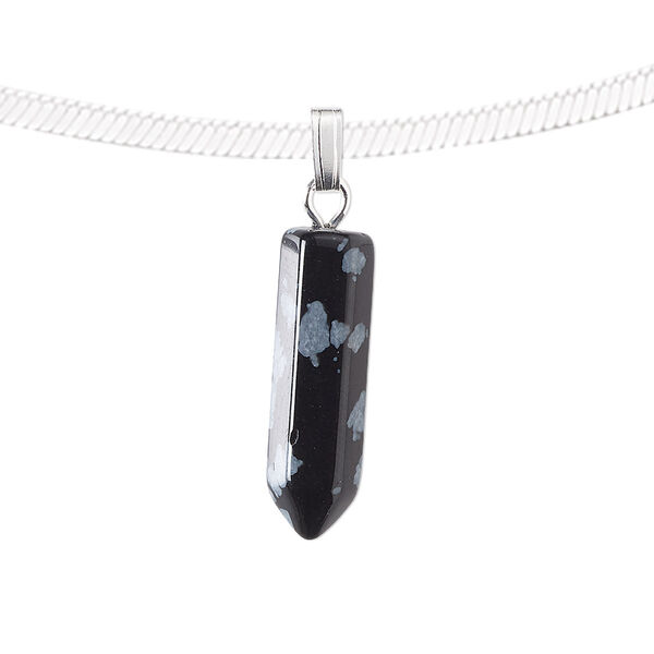 Pendant, snowflake obsidian (natural) and silver-plated "pewter" (zinc-based alloy), 21x6mm point. Sold individually. image number 0