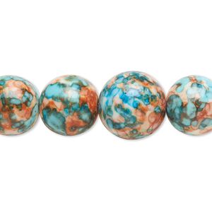 Bead, resin and painted ceramic, orange / blue / white, 6-14mm graduated round. Sold per 15-1/2" to 16" strand.