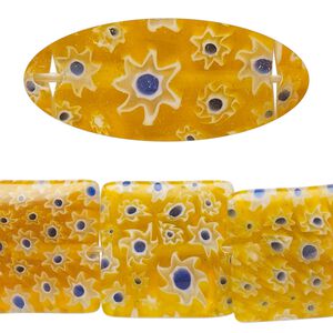 Bead, millefiori glass, translucent yellow-orange and multicolored, 17mm-19x18mm puffed square with flower design. Sold per 14-inch strand, approximately 20 beads.