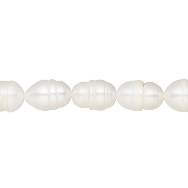 Pearl, cultured freshwater (bleached), white, 5-8mm rice, D grade, Mohs hardness 2-1/2 to 4. Sold per 15-1/2" to 16" strand. image number 0