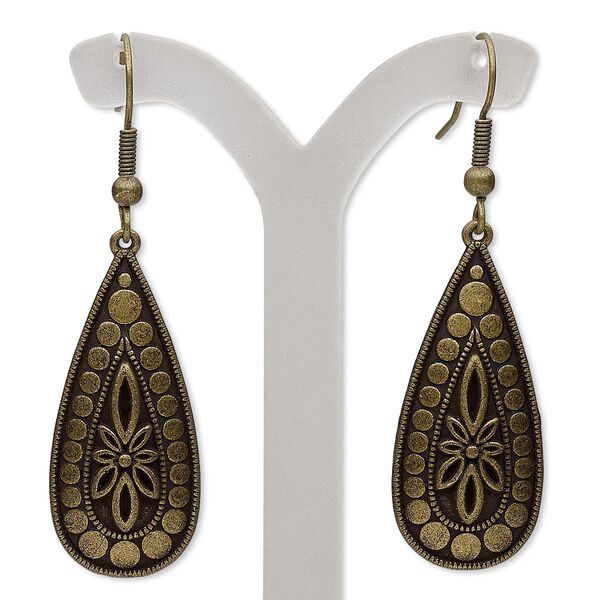Earring, antique brass-finished brass and "pewter" (zinc-based alloy), 2 inches with fancy teardrop and fishhook ear wire. Sold per pair. image number 0