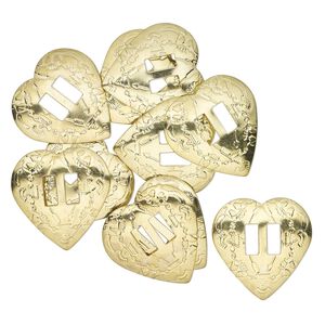 Slide, gold-finished steel, 34-35mm textured heart, (2) 10x4mm rectangle holes. Sold per pkg of 10.