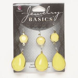Link and drop assortment 1pkg6, gold-finished brass and acrylic, yellow, 13mm double-sided faceted round / 26x19mm double-sided faceted teardrop.