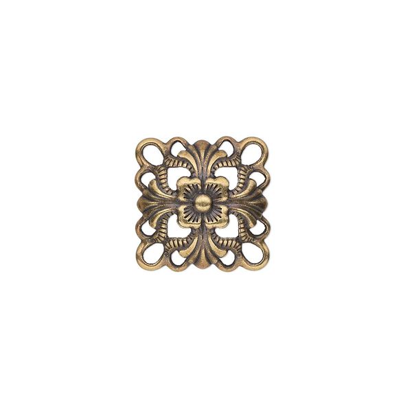Link, antique gold-plated steel, 14x14mm single-sided domed square. Sold per pkg of 24. image number 0