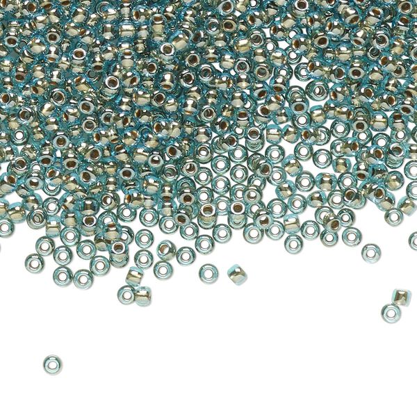 Seed bead, TOHO BEADS®, glass, pkg/7.5g, #11 round, translucent gold-lined aqua (TR-11-990). image number 0