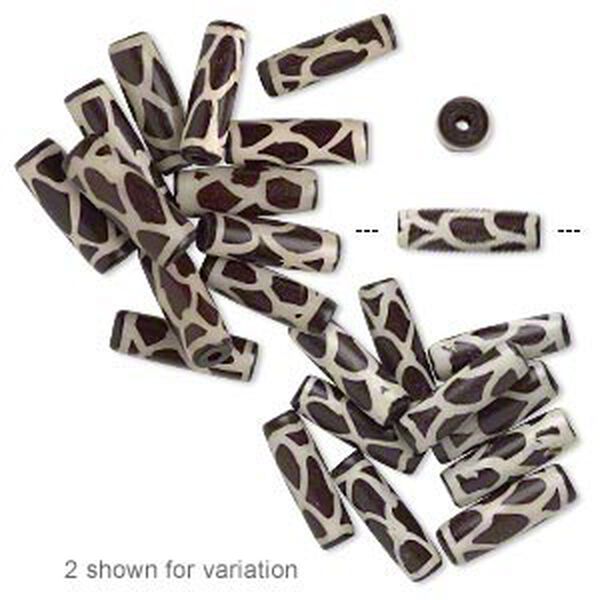 Bead, bone (dyed), brown, 24x8mm round tube with giraffe pattern, Mohs hardness 2-1/2. Sold per pkg of 12. image number 0