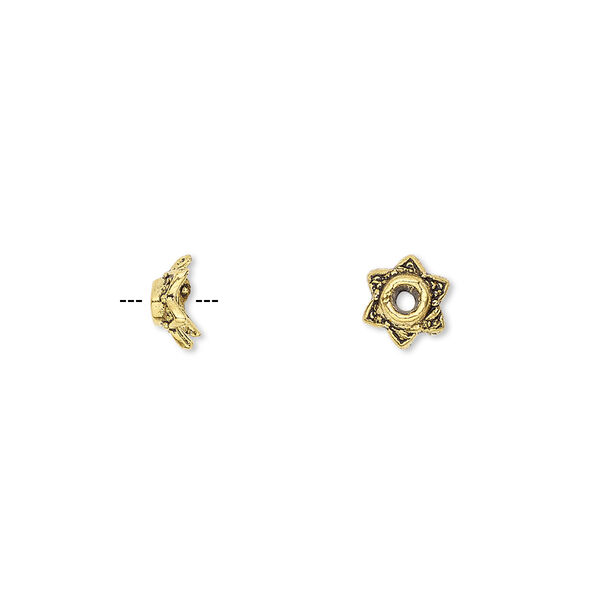 Bead cap, antique gold-finished "pewter" (zinc-based alloy), 7x3mm star, fits 6-8mm bead. Sold per pkg of 100. image number 0