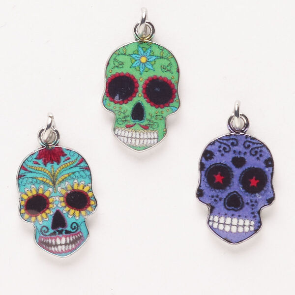 Charm, silver-finished steel and enamel, mixed colors, 22x13mm-23x14mm single-sided sugar skull. Sold per pkg of 3. image number 0