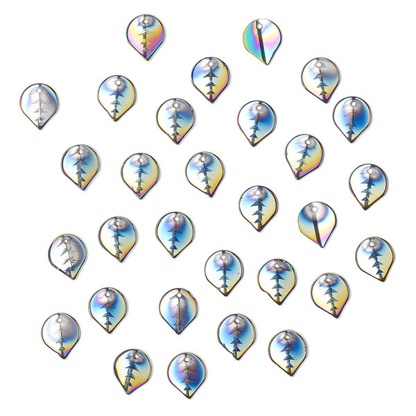 Drop, pressed glass, opaque iris multicolored, 12 x 10mm pressed leaf, top-drilled. Sold per pkg of 30. image number 0