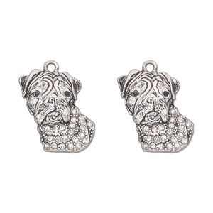 Charm, antique silver finish "pewter" (zinc alloy) and glass, clear and black, 23x17mm single-sided bulldog. Sold per pkg of 2.