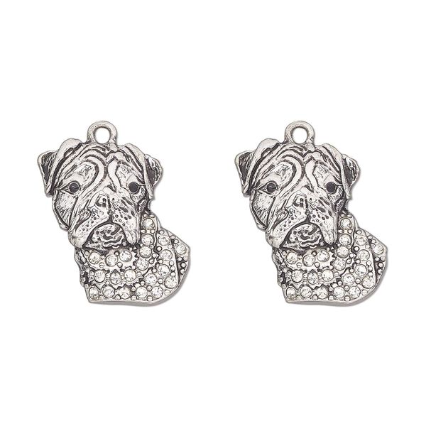 Charm, antique silver finish "pewter" (zinc alloy) and glass, clear and black, 23x17mm single-sided bulldog. Sold per pkg of 2. image number 0