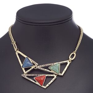 Necklace, glass rhinestone / resin / gold-finished steel / "pewter" (zinc-based alloy), multicolored, triangle, 16 inches with 2-inch extender chain and lobster claw clasp. Sold individually.