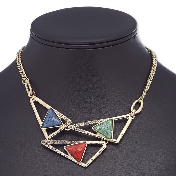 Necklace, glass rhinestone / resin / gold-finished steel / "pewter" (zinc-based alloy), multicolored, triangle, 16 inches with 2-inch extender chain and lobster claw clasp. Sold individually. image number 0