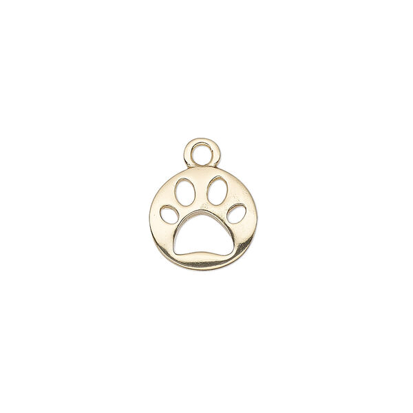 Drop, gold-finished "pewter" (zinc-based alloy), 11mm single-sided round with cutout paw print. Sold individually. image number 0