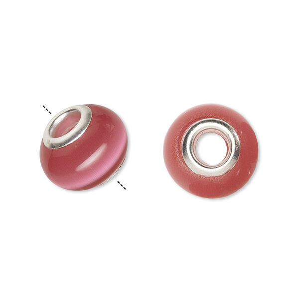 Bead, Dione®, cat's eye glass (fiber optic glass) and silver-plated brass grommets, dark pink, 13x10mm-14x10mm rondelle. Sold per pkg of 6. image number 0