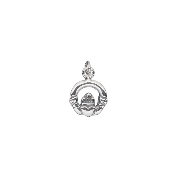 Charm, antiqued sterling silver, 10mm single-sided small Claddagh. Sold per pkg of 2. image number 0