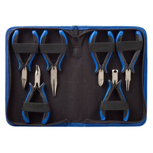 Pliers set, polyester / plastic / steel, black and blue, 5 to 5-1/2 inches with 8-1/2 x 5-1/2 x 1-1/2 inch case. Sold per 6-piece set.