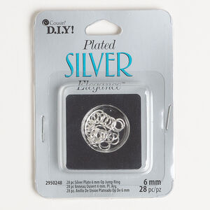 Jump ring 1pkg28, silver-finished brass, 6mm open round, 18 gauge.