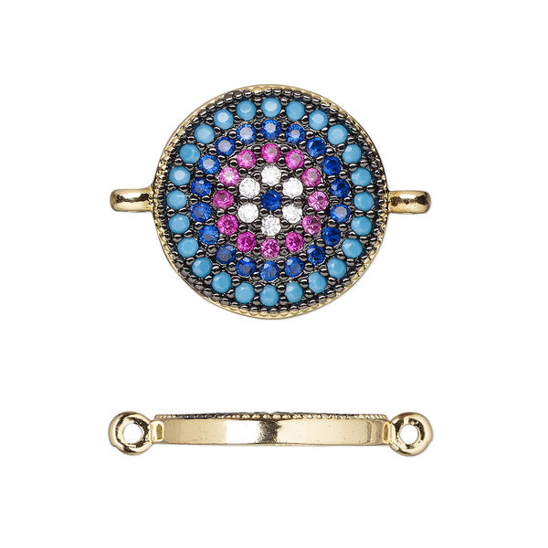 Link, cubic zirconia and gold-finished brass, multicolored, 16mm single-sided round. Sold individually. image number 0
