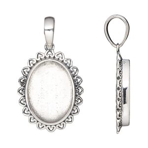 Pendant, antiqued sterling silver, 24.5x19mm oval with heart rim and 18x13mm oval bezel setting. Sold individually.