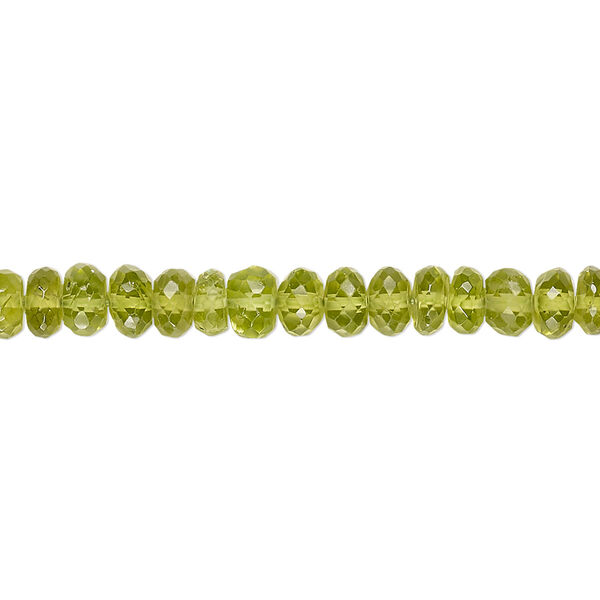 Bead, peridot (natural), 4x2mm-6x4mm hand-cut faceted rondelle with 0.4-1.4mm hole, C grade, Mohs hardness 6-1/2 to 7. Sold per 9-inch strand. image number 0