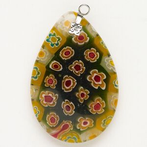 Focal 1pkg1 silver-finished steel and millefiori glass, translucent and transparent green and multicolored, 47x30mm-48x33mm puffed teardrop.