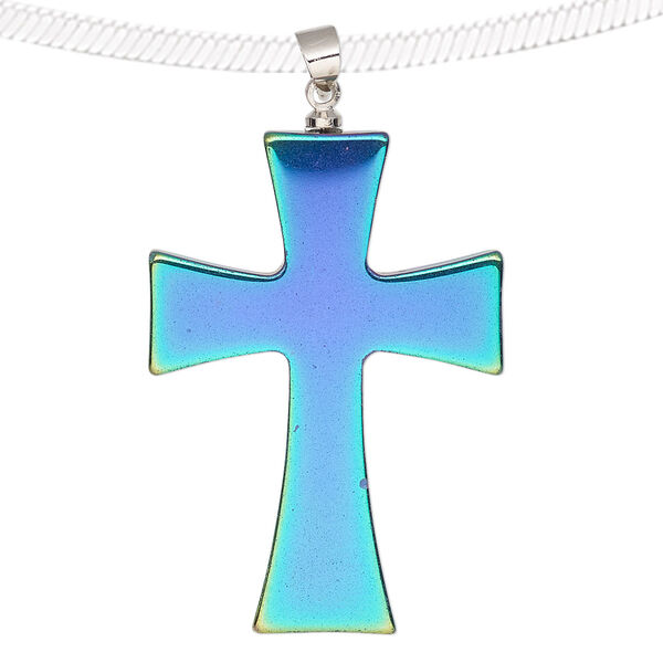 Pendant, electroplated Hemalyke™ (man-made) and silver-finished brass, rainbow, 38x27mm double-sided cross. Sold individually. image number 0