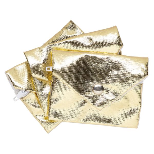 Pouch, metallic nylon, gold, 3x2.5-inches with snap and zipper. Sold per pkg of 3. image number 0